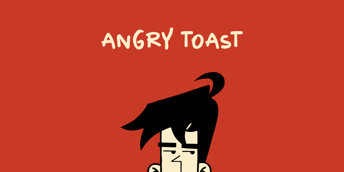 Angry Toast wordmark with Ziko, the hot-headed mascot, on a red field