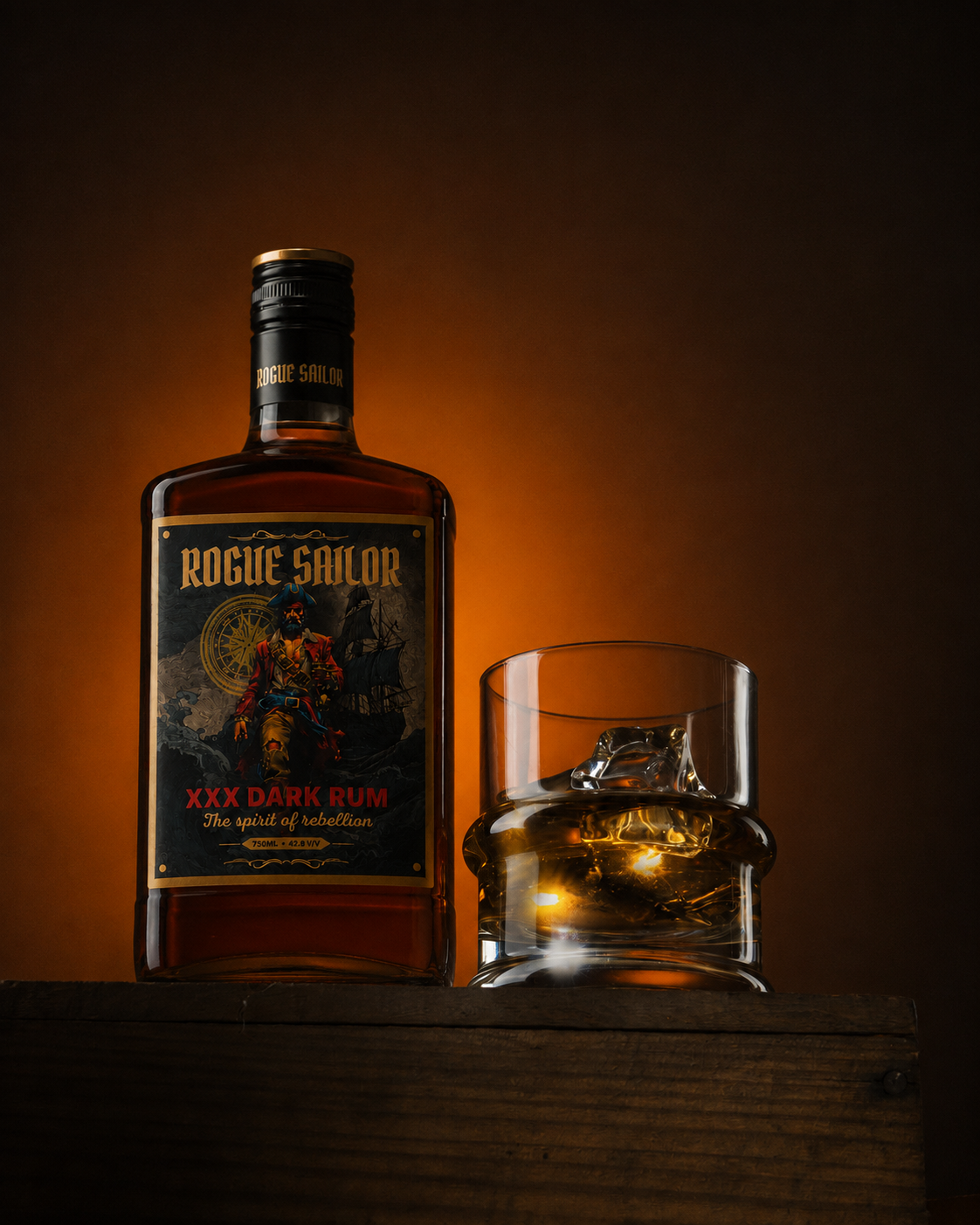 Rogue Sailor bottle on a warm amber studio backdrop with a rum on the rocks